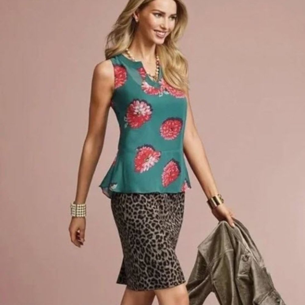 Cabi blue green red floral sleeveless sheer overlay top size Medium #3445